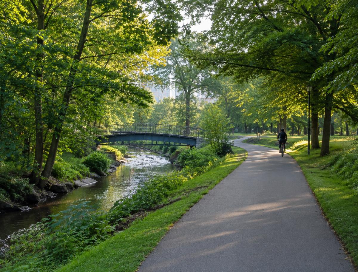 Illustrative image of a creekside greenway path.
