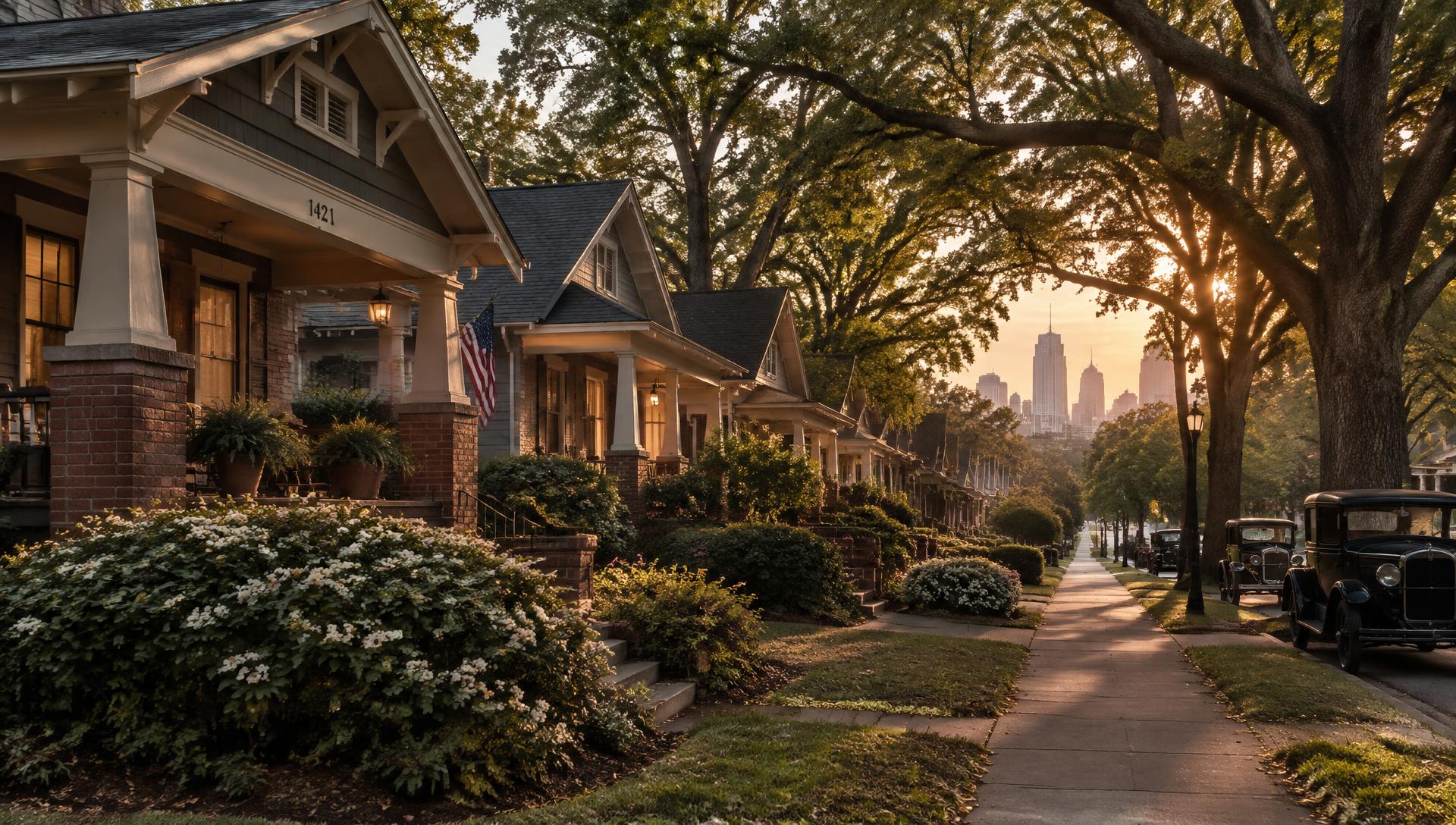 Illustrative image: bungalows with deep porches under mature trees, with a city skyline in the distance.