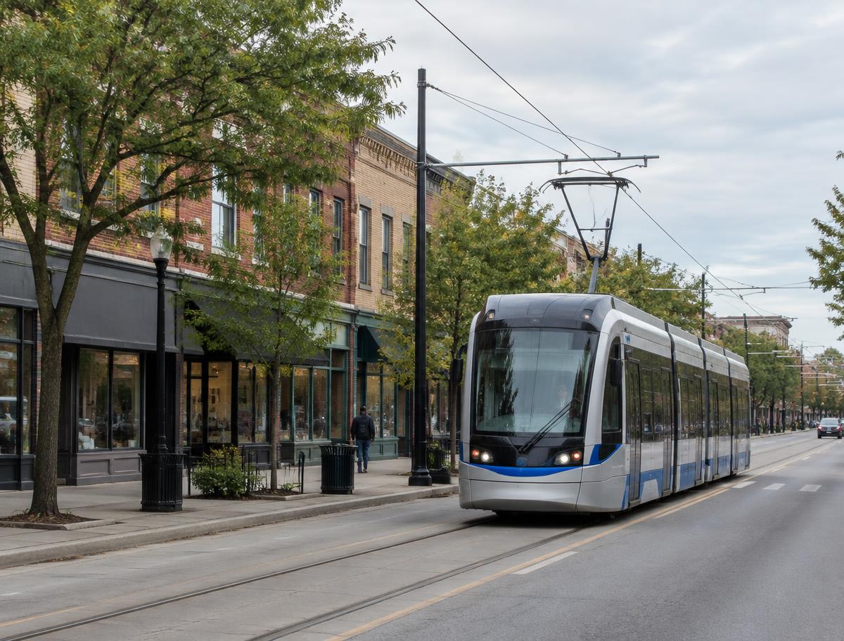 Illustrative image of a streetcar on a city avenue.